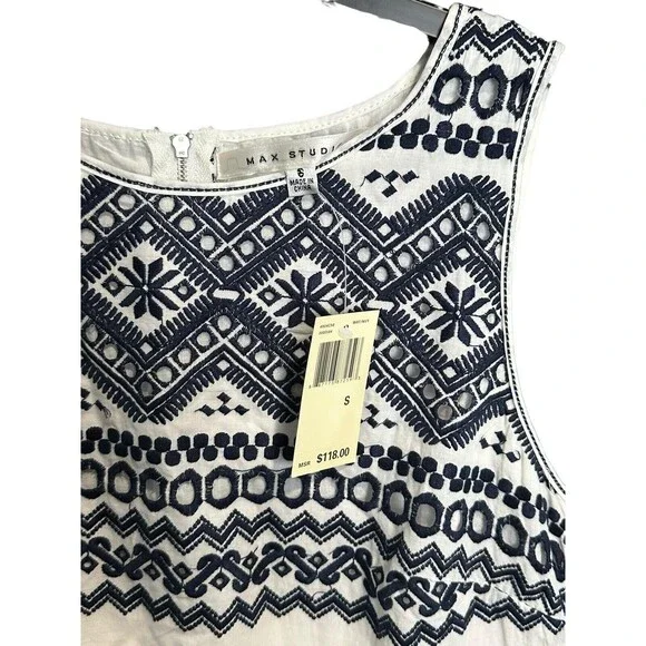 NWT $118 Max Studio Size Small White Navy Cotton Embroidered Summer Dress #I14-5 - Picture 3 of 11